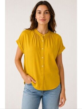 J Crew Point Sur Popover Blouse Short Sleeve Shirt Mustard Yellow Classic Preppy